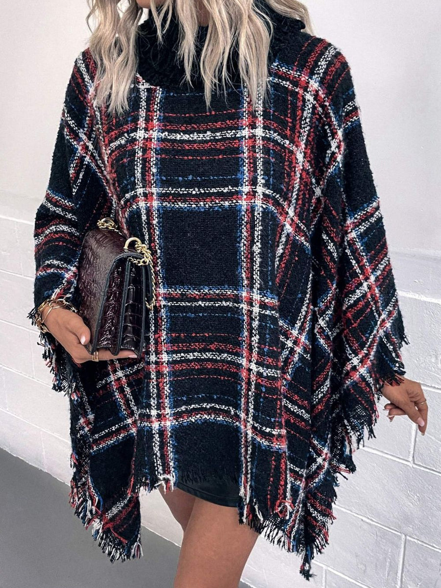 Plaid Turtleneck Fringe Hem Poncho - Opulent EmpirePlaid Turtleneck Fringe Hem PonchoOpulent EmpireClothing