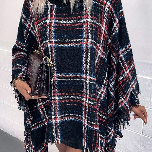 Plaid Turtleneck Fringe Hem Poncho - Opulent EmpirePlaid Turtleneck Fringe Hem PonchoOpulent EmpireClothing