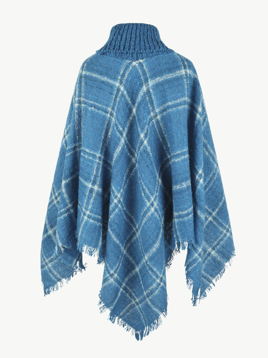 Plaid Turtleneck Fringe Hem Poncho - Opulent EmpirePlaid Turtleneck Fringe Hem PonchoOpulent EmpireClothing