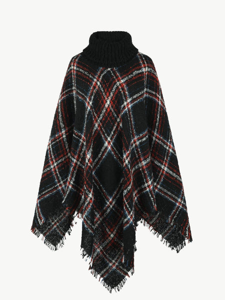 Plaid Turtleneck Fringe Hem Poncho - Opulent EmpirePlaid Turtleneck Fringe Hem PonchoOpulent EmpireClothing