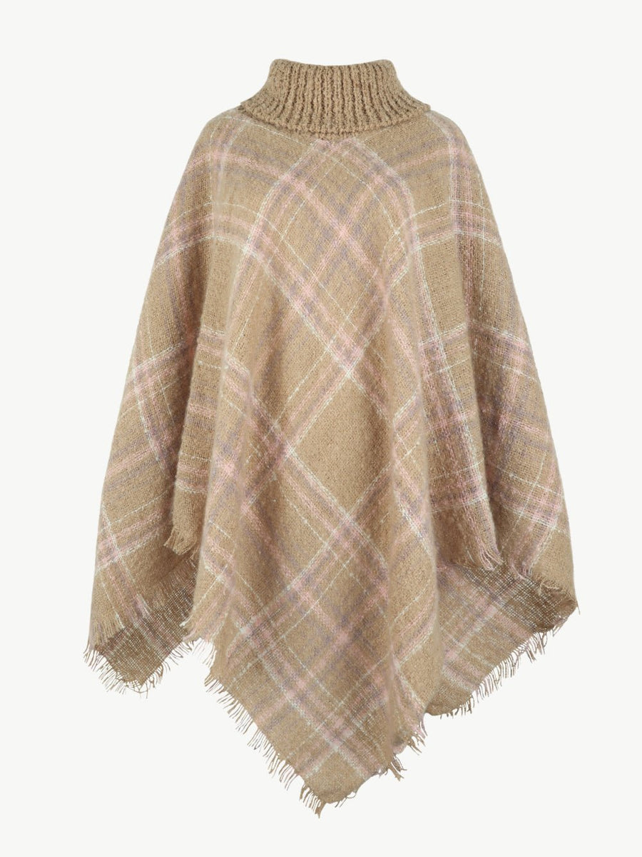 Plaid Turtleneck Fringe Hem Poncho - Opulent EmpirePlaid Turtleneck Fringe Hem PonchoOpulent EmpireClothing