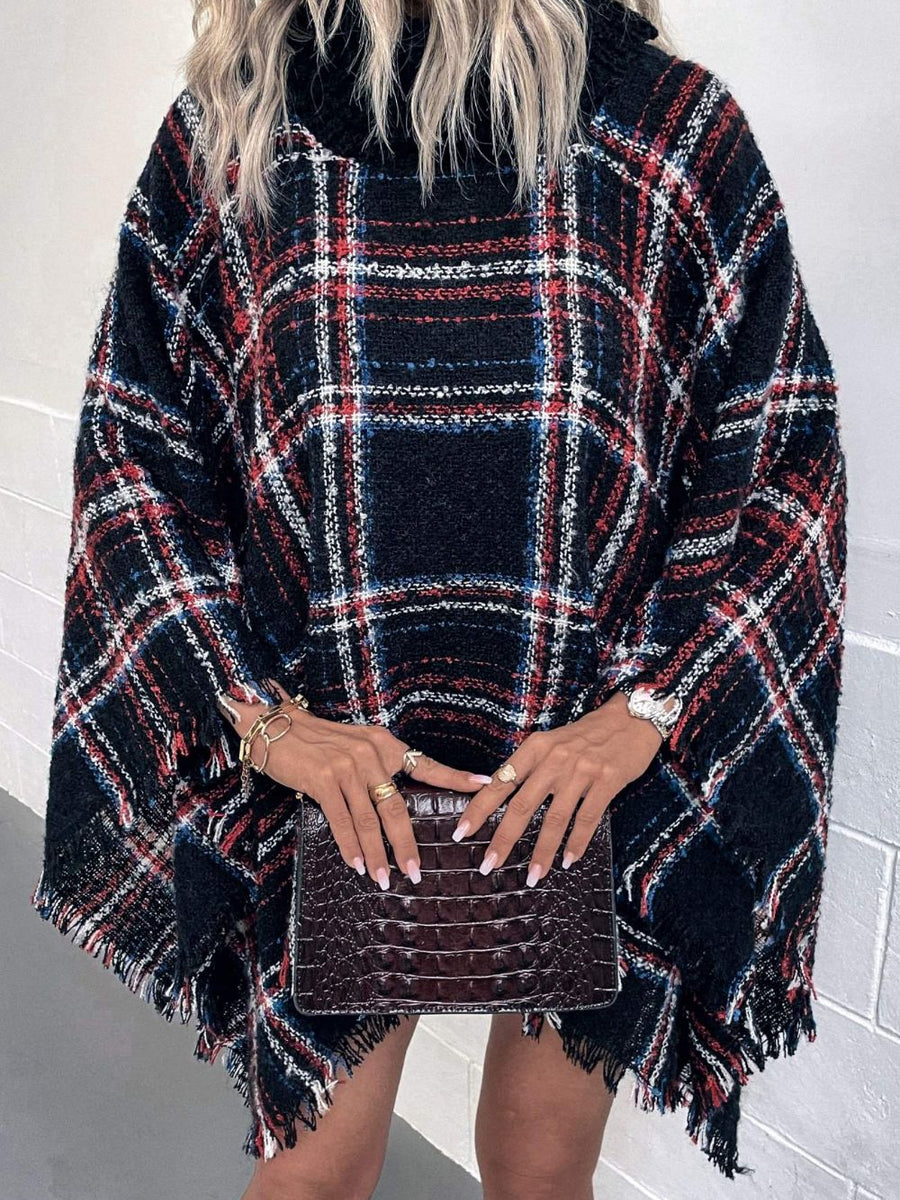 Plaid Turtleneck Fringe Hem Poncho - Opulent EmpirePlaid Turtleneck Fringe Hem PonchoOpulent EmpireClothing