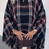 Plaid Turtleneck Fringe Hem Poncho - Opulent EmpirePlaid Turtleneck Fringe Hem PonchoOpulent EmpireClothing