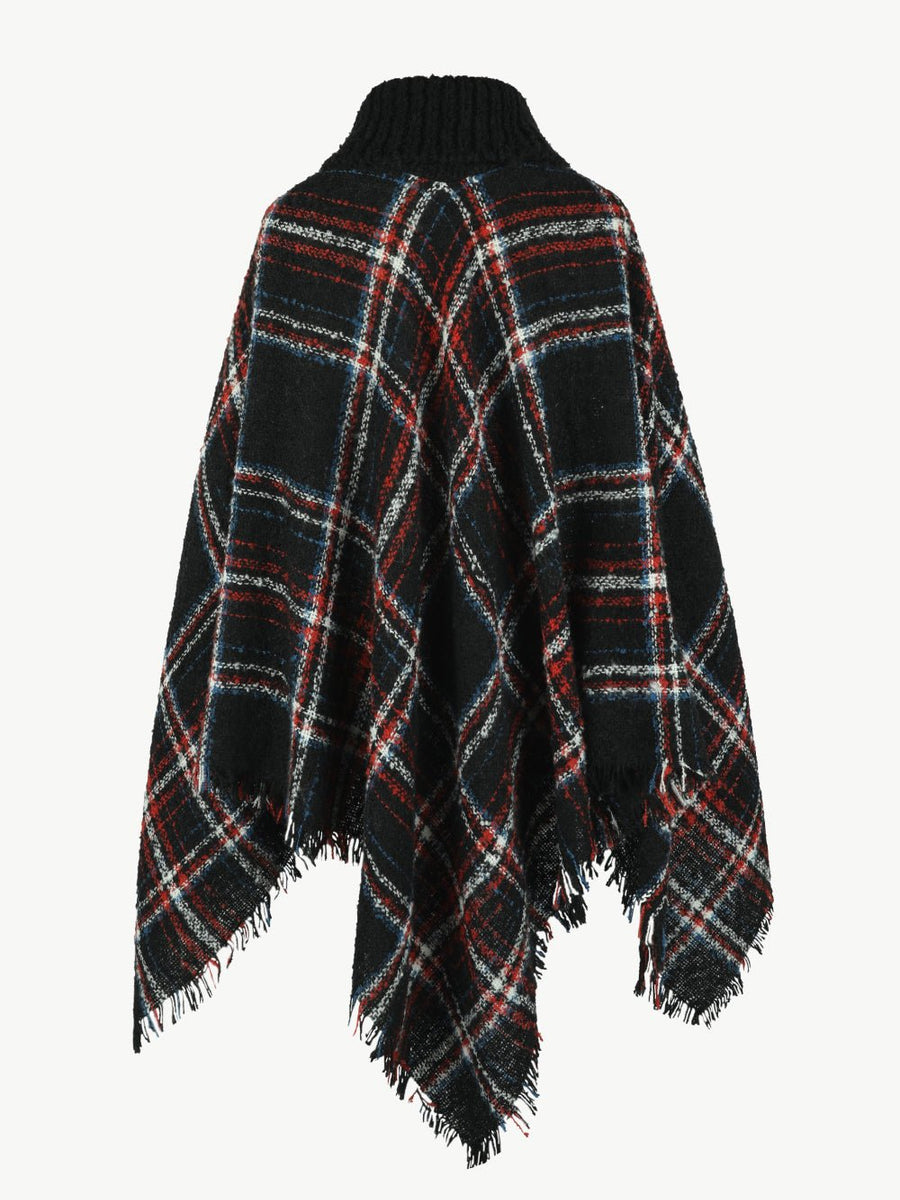 Plaid Turtleneck Fringe Hem Poncho - Opulent EmpirePlaid Turtleneck Fringe Hem PonchoOpulent EmpireClothing