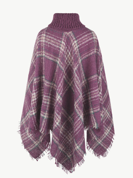 Plaid Turtleneck Fringe Hem Poncho - Opulent EmpirePlaid Turtleneck Fringe Hem PonchoOpulent EmpireClothing