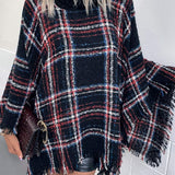 Plaid Turtleneck Fringe Hem Poncho - Opulent EmpirePlaid Turtleneck Fringe Hem PonchoOpulent EmpireClothing