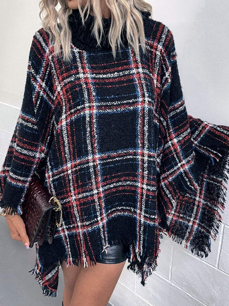 Plaid Turtleneck Fringe Hem Poncho - Opulent EmpirePlaid Turtleneck Fringe Hem PonchoOpulent EmpireClothing