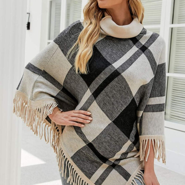 Plaid Turtleneck Fringe Hem Poncho - Opulent EmpirePlaid Turtleneck Fringe Hem PonchoOpulent EmpireClothing