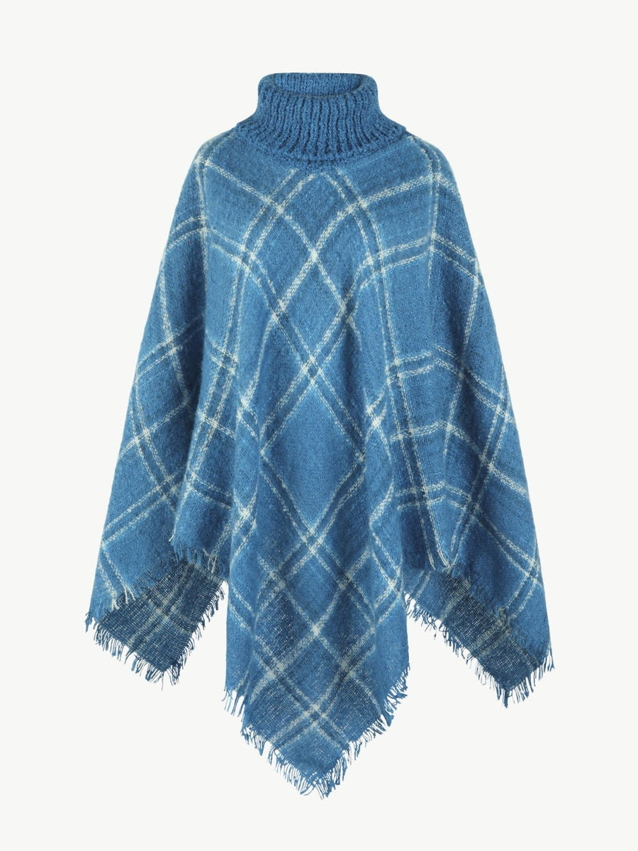 Plaid Turtleneck Fringe Hem Poncho - Opulent EmpirePlaid Turtleneck Fringe Hem PonchoOpulent EmpireClothing