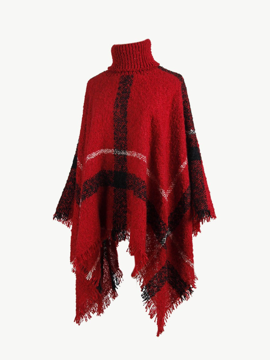 Plaid Turtleneck Raw Hem Poncho - Opulent EmpirePlaid Turtleneck Raw Hem PonchoOpulent EmpireClothing