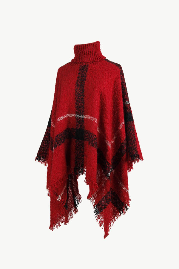 Plaid Turtleneck Raw Hem Poncho - Opulent EmpirePlaid Turtleneck Raw Hem PonchoOpulent EmpireClothing