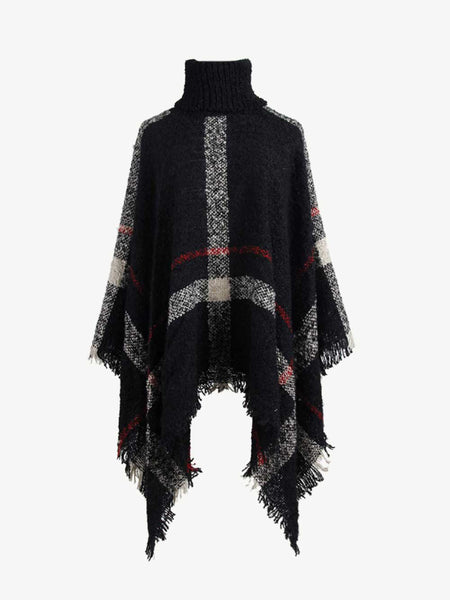 Plaid Turtleneck Raw Hem Poncho - Opulent EmpirePlaid Turtleneck Raw Hem PonchoOpulent EmpireClothing