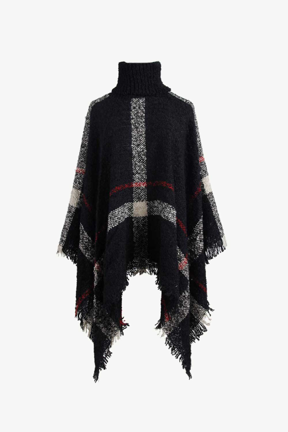 Plaid Turtleneck Raw Hem Poncho - Opulent EmpirePlaid Turtleneck Raw Hem PonchoOpulent EmpireClothing