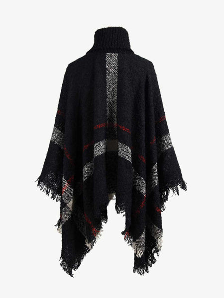 Plaid Turtleneck Raw Hem Poncho - Opulent EmpirePlaid Turtleneck Raw Hem PonchoOpulent EmpireClothing