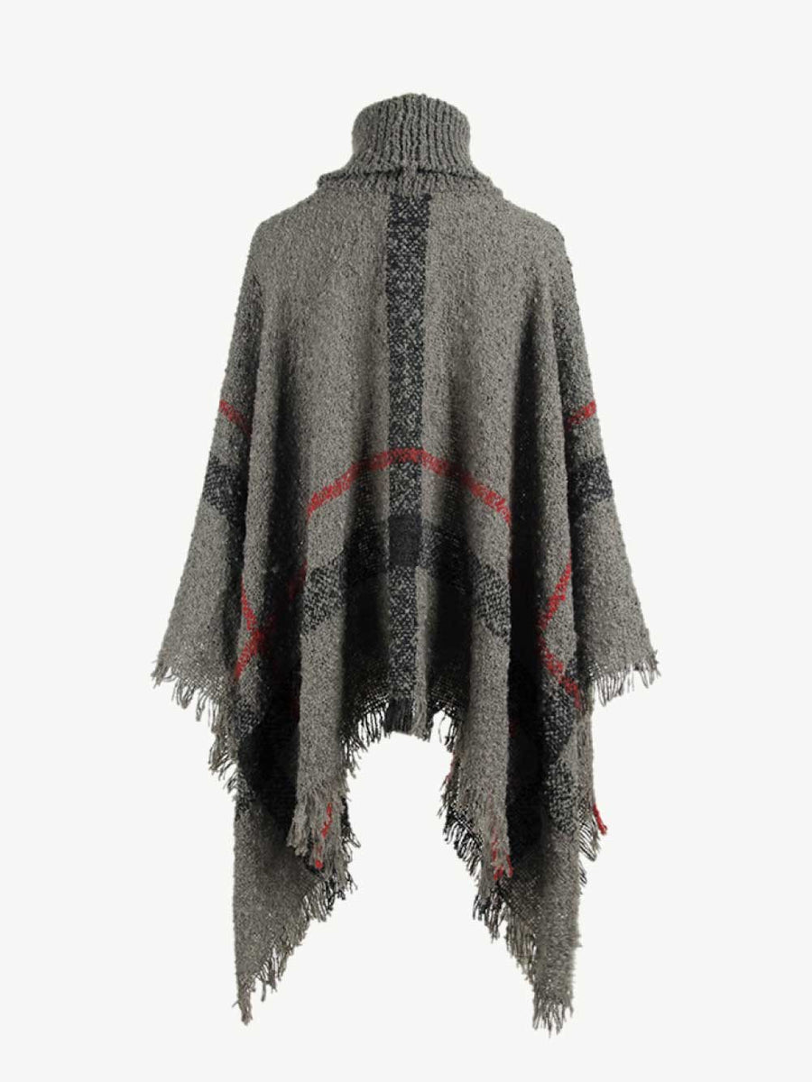 Plaid Turtleneck Raw Hem Poncho - Opulent EmpirePlaid Turtleneck Raw Hem PonchoOpulent EmpireClothing