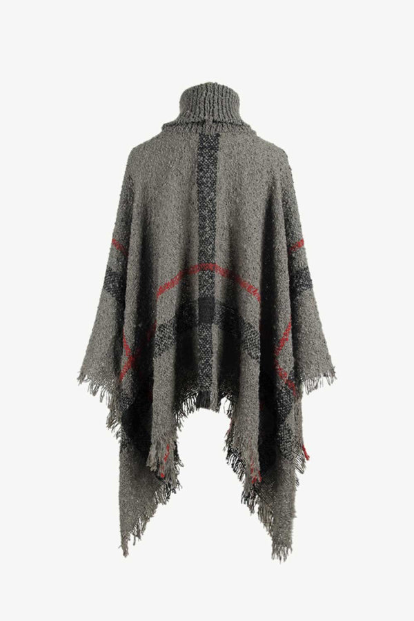 Plaid Turtleneck Raw Hem Poncho - Opulent EmpirePlaid Turtleneck Raw Hem PonchoOpulent EmpireClothing