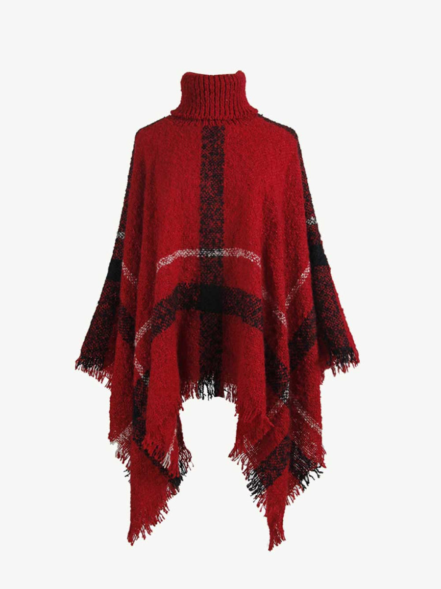 Plaid Turtleneck Raw Hem Poncho - Opulent EmpirePlaid Turtleneck Raw Hem PonchoOpulent EmpireClothing