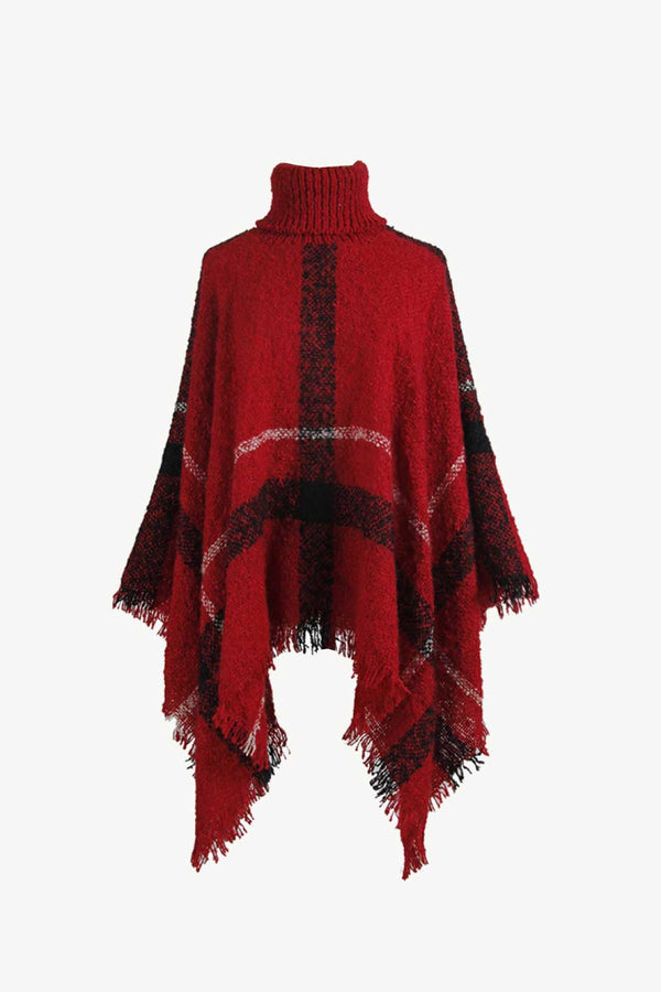 Plaid Turtleneck Raw Hem Poncho - Opulent EmpirePlaid Turtleneck Raw Hem PonchoOpulent EmpireClothing