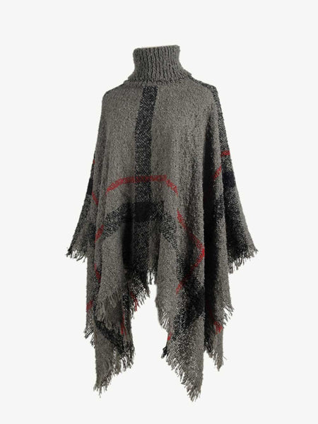 Plaid Turtleneck Raw Hem Poncho - Opulent EmpirePlaid Turtleneck Raw Hem PonchoOpulent EmpireClothing