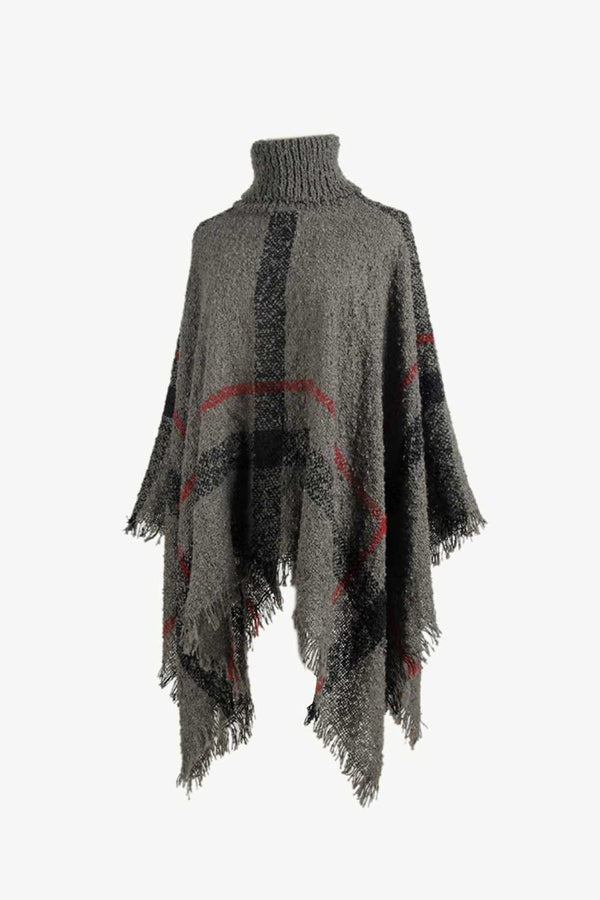 Plaid Turtleneck Raw Hem Poncho - Opulent EmpirePlaid Turtleneck Raw Hem PonchoOpulent EmpireClothing