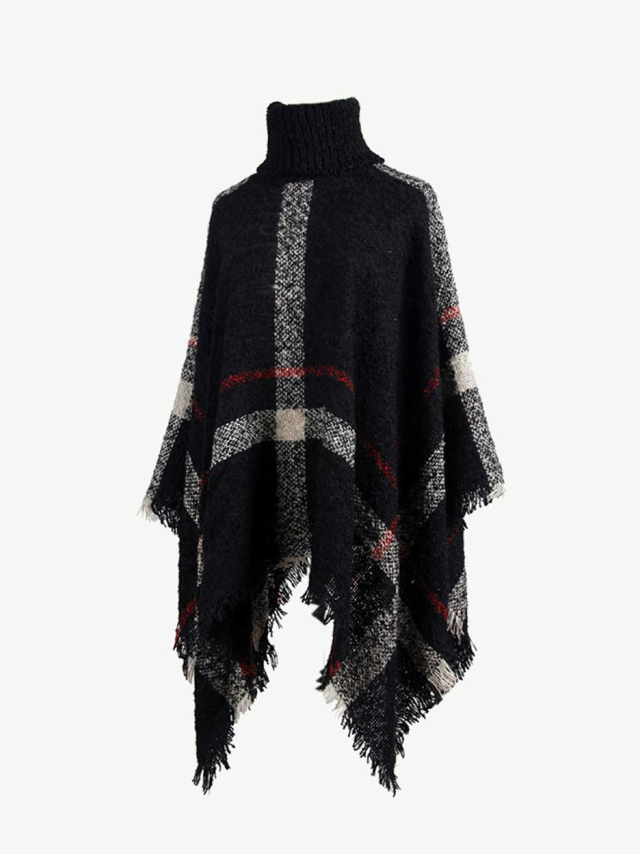 Plaid Turtleneck Raw Hem Poncho - Opulent EmpirePlaid Turtleneck Raw Hem PonchoOpulent EmpireClothing