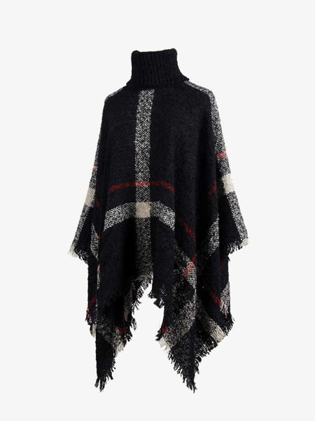 Plaid Turtleneck Raw Hem Poncho - Opulent EmpirePlaid Turtleneck Raw Hem PonchoOpulent EmpireClothing