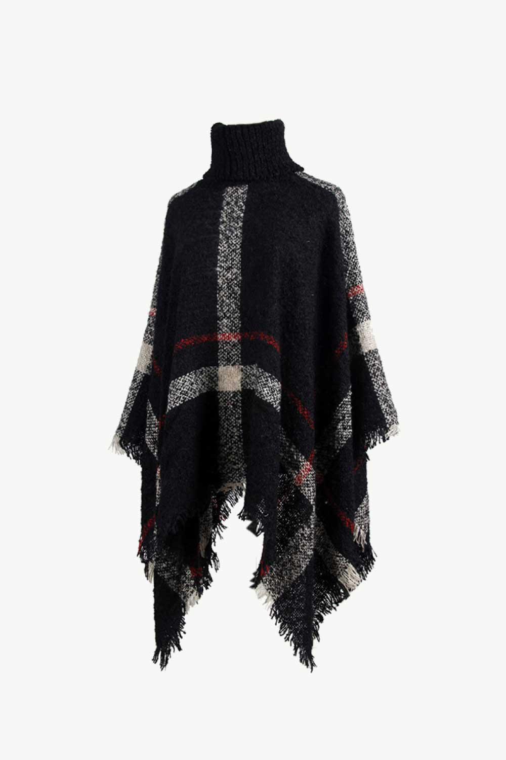 Plaid Turtleneck Raw Hem Poncho - Opulent EmpirePlaid Turtleneck Raw Hem PonchoOpulent EmpireClothing