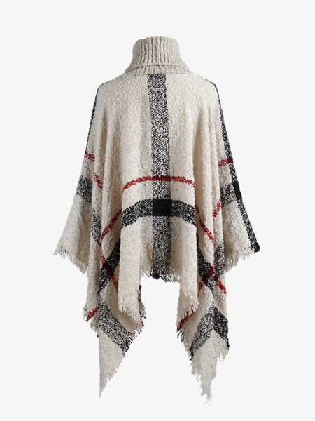 Plaid Turtleneck Raw Hem Poncho - Opulent EmpirePlaid Turtleneck Raw Hem PonchoOpulent EmpireClothing