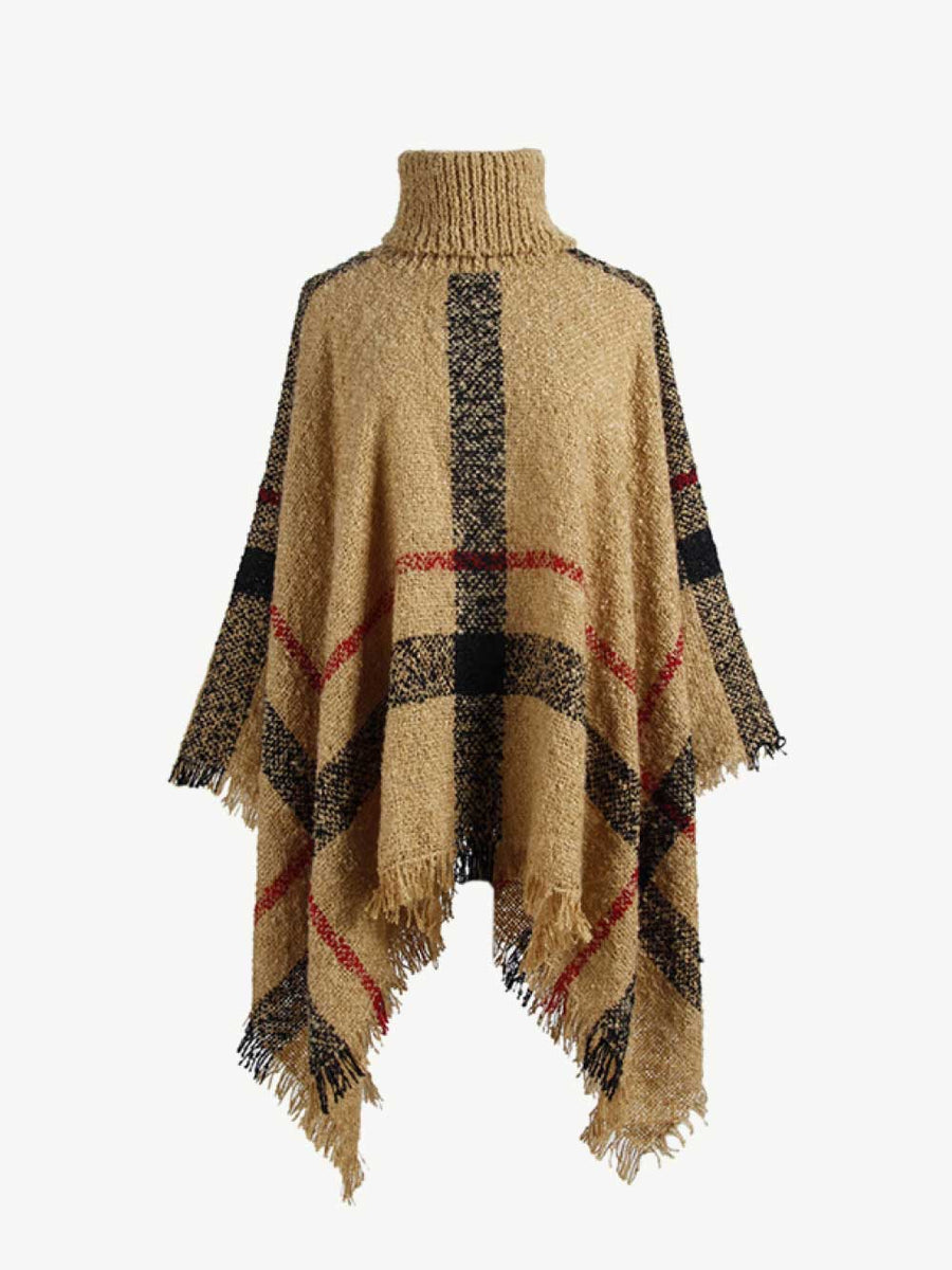 Plaid Turtleneck Raw Hem Poncho - Opulent EmpirePlaid Turtleneck Raw Hem PonchoOpulent EmpireClothing