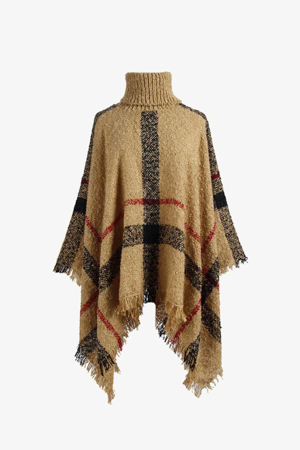 Plaid Turtleneck Raw Hem Poncho - Opulent EmpirePlaid Turtleneck Raw Hem PonchoOpulent EmpireClothing