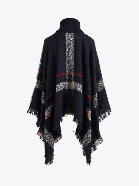 Plaid Turtleneck Raw Hem Poncho - Opulent EmpirePlaid Turtleneck Raw Hem PonchoOpulent EmpireClothing