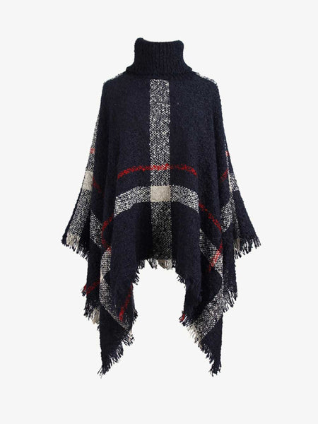 Plaid Turtleneck Raw Hem Poncho - Opulent EmpirePlaid Turtleneck Raw Hem PonchoOpulent EmpireClothing