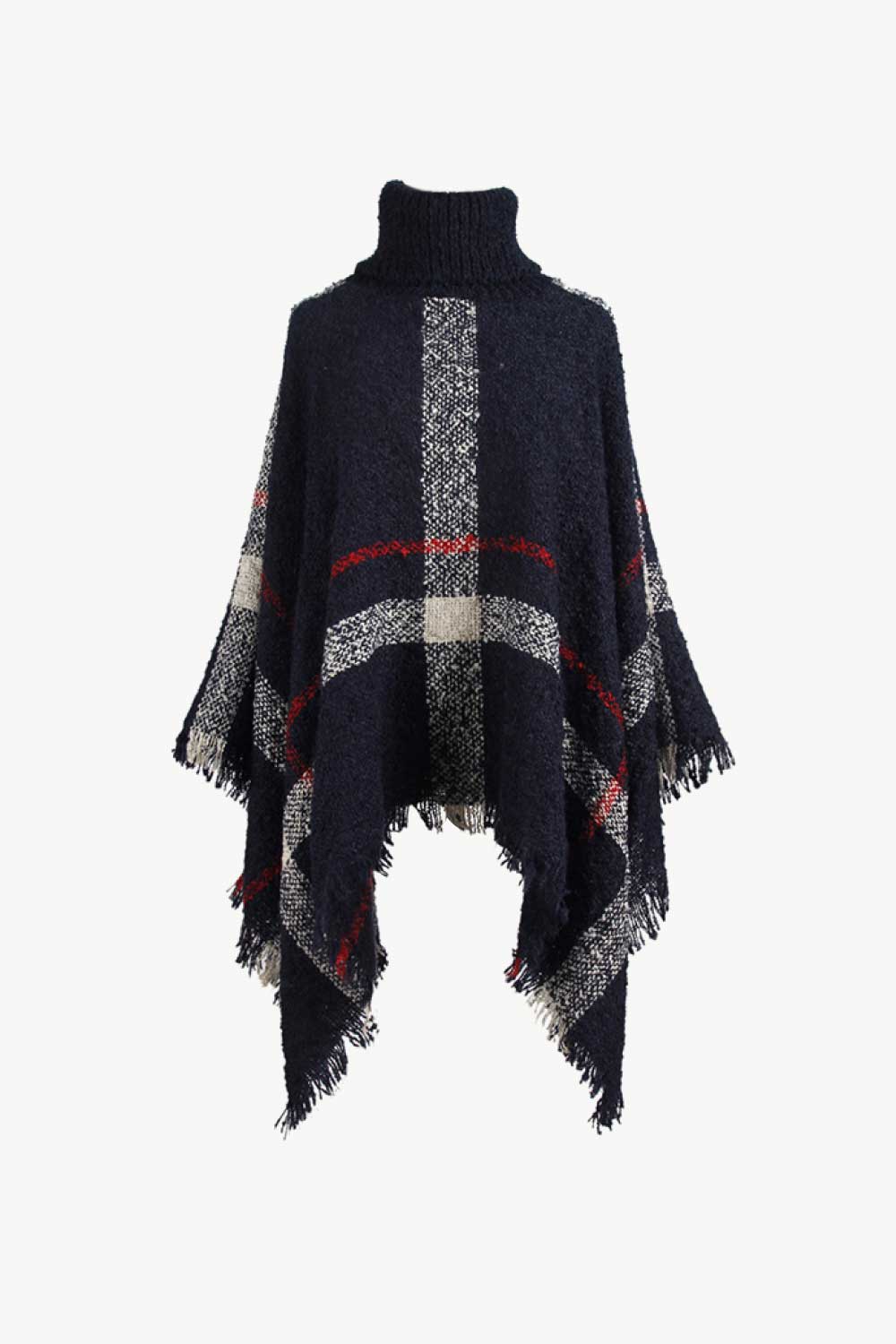 Plaid Turtleneck Raw Hem Poncho - Opulent EmpirePlaid Turtleneck Raw Hem PonchoOpulent EmpireClothing