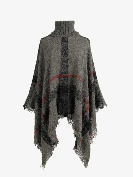 Plaid Turtleneck Raw Hem Poncho - Opulent EmpirePlaid Turtleneck Raw Hem PonchoOpulent EmpireClothing