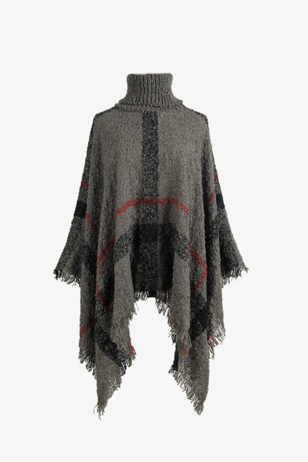 Plaid Turtleneck Raw Hem Poncho - Opulent EmpirePlaid Turtleneck Raw Hem PonchoOpulent EmpireClothing