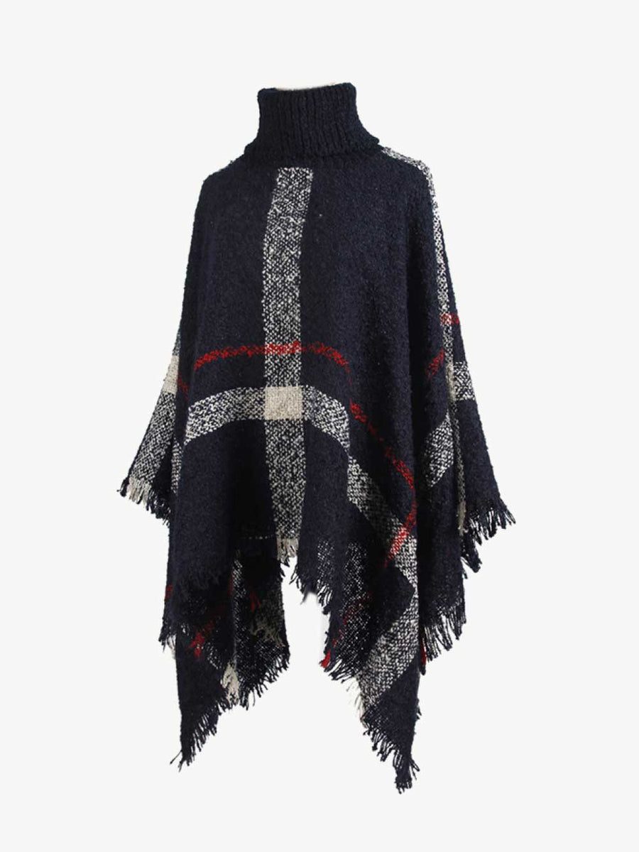 Plaid Turtleneck Raw Hem Poncho - Opulent EmpirePlaid Turtleneck Raw Hem PonchoOpulent EmpireClothing