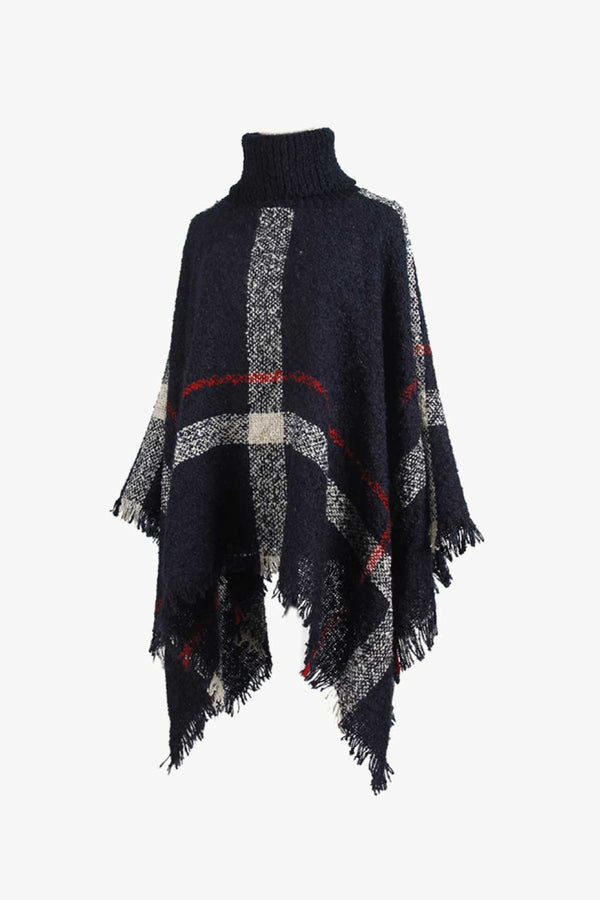 Plaid Turtleneck Raw Hem Poncho - Opulent EmpirePlaid Turtleneck Raw Hem PonchoOpulent EmpireClothing