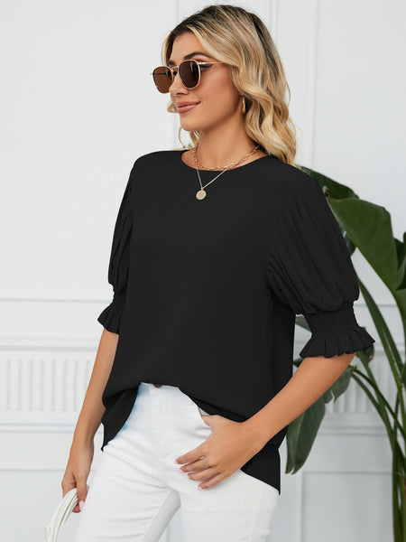 Pleated Flounce Sleeve Keyhole Blouse - Opulent EmpirePleated Flounce Sleeve Keyhole BlouseOpulent Empire