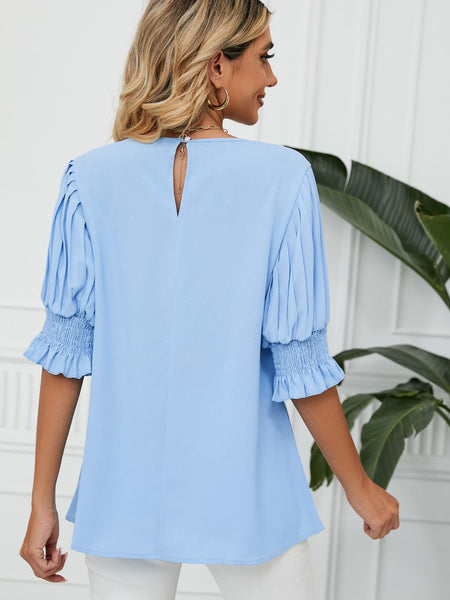 Pleated Flounce Sleeve Keyhole Blouse - Opulent EmpirePleated Flounce Sleeve Keyhole BlouseOpulent Empire