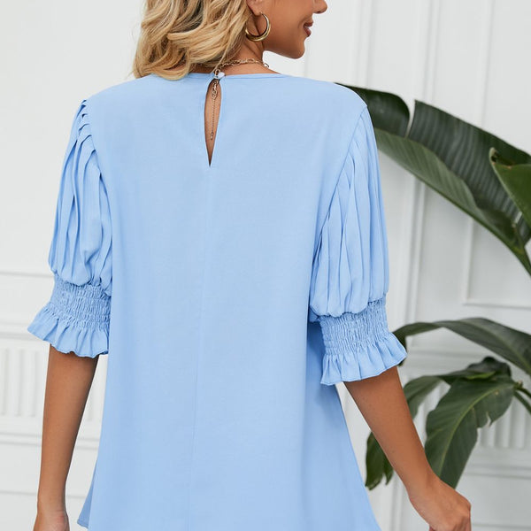 Pleated Flounce Sleeve Keyhole Blouse - Opulent EmpirePleated Flounce Sleeve Keyhole BlouseOpulent Empire