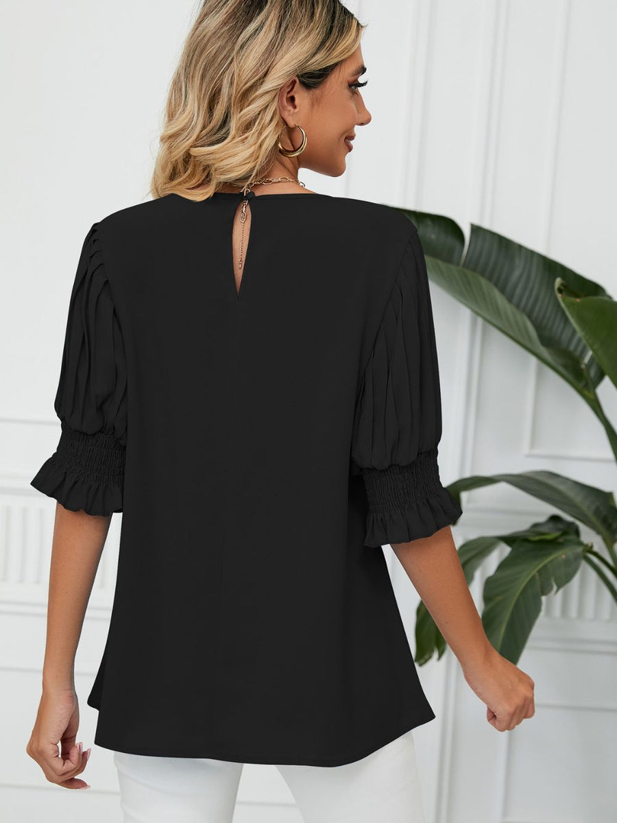 Pleated Flounce Sleeve Keyhole Blouse - Opulent EmpirePleated Flounce Sleeve Keyhole BlouseOpulent Empire