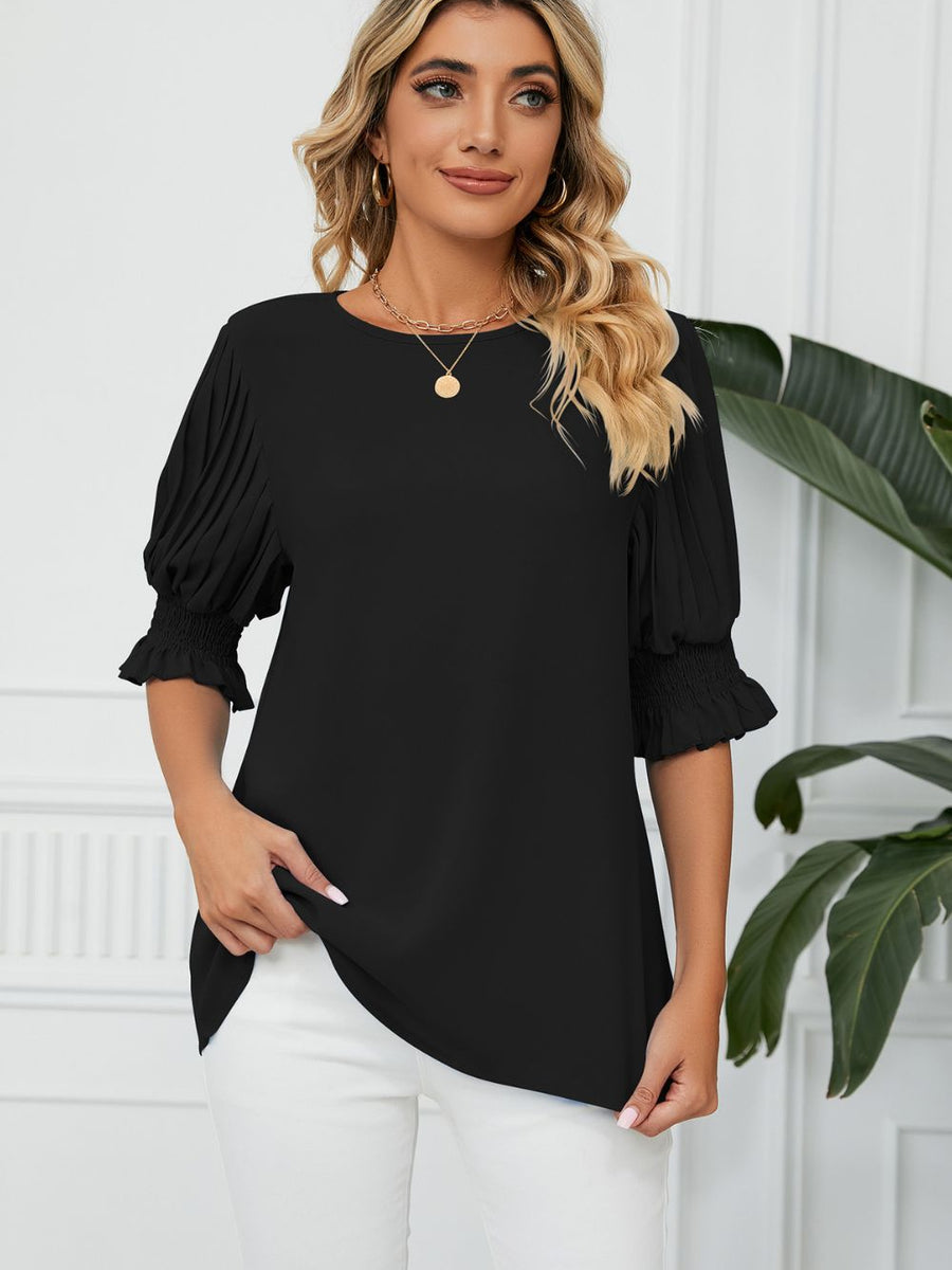 Pleated Flounce Sleeve Keyhole Blouse - Opulent EmpirePleated Flounce Sleeve Keyhole BlouseOpulent Empire