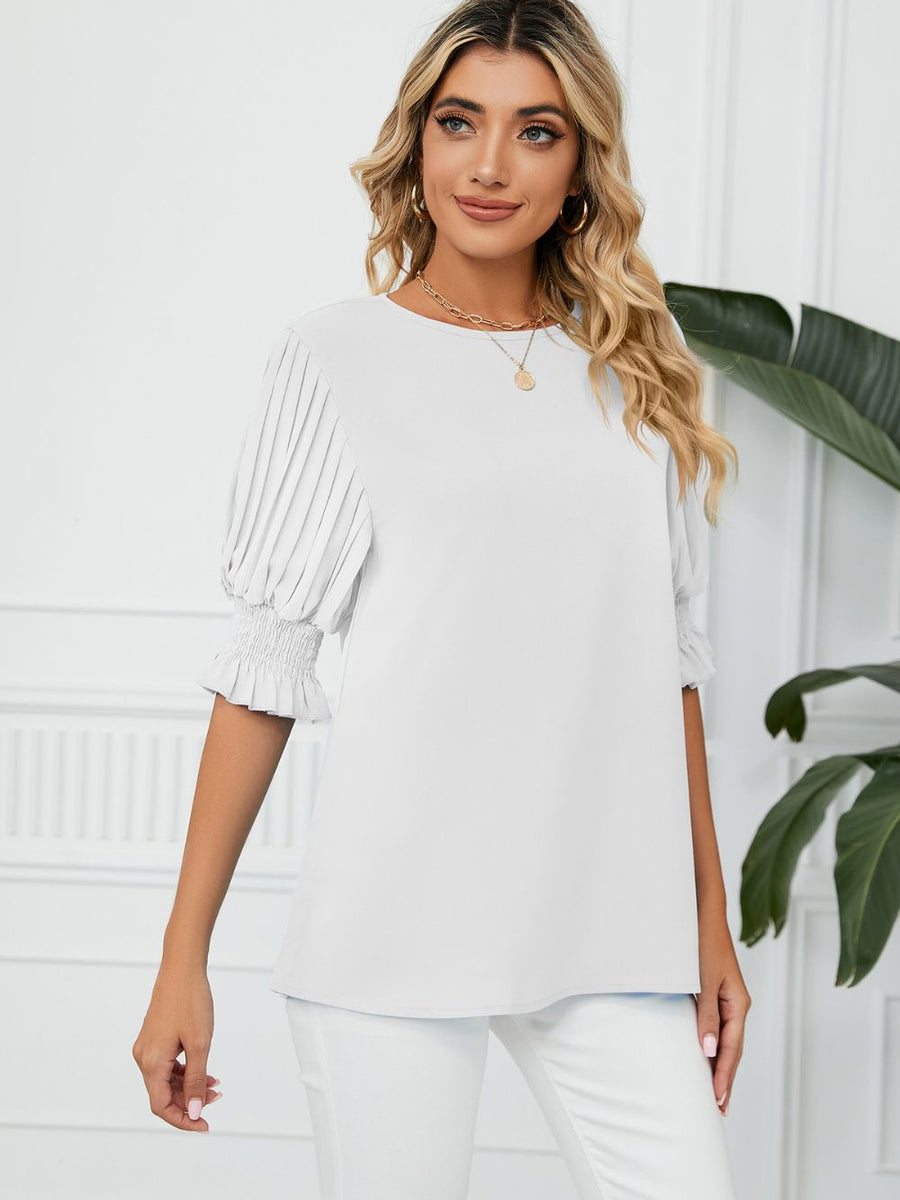 Pleated Flounce Sleeve Keyhole Blouse - Opulent EmpirePleated Flounce Sleeve Keyhole BlouseOpulent Empire