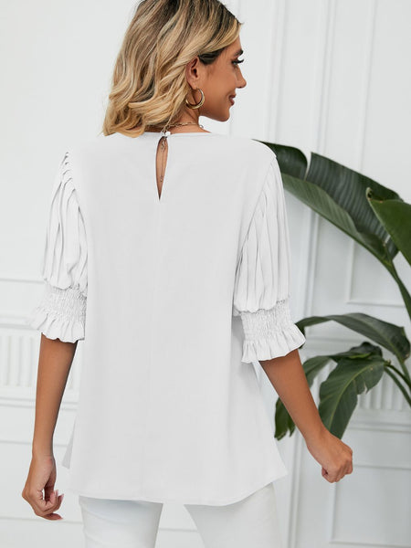 Pleated Flounce Sleeve Keyhole Blouse - Opulent EmpirePleated Flounce Sleeve Keyhole BlouseOpulent Empire