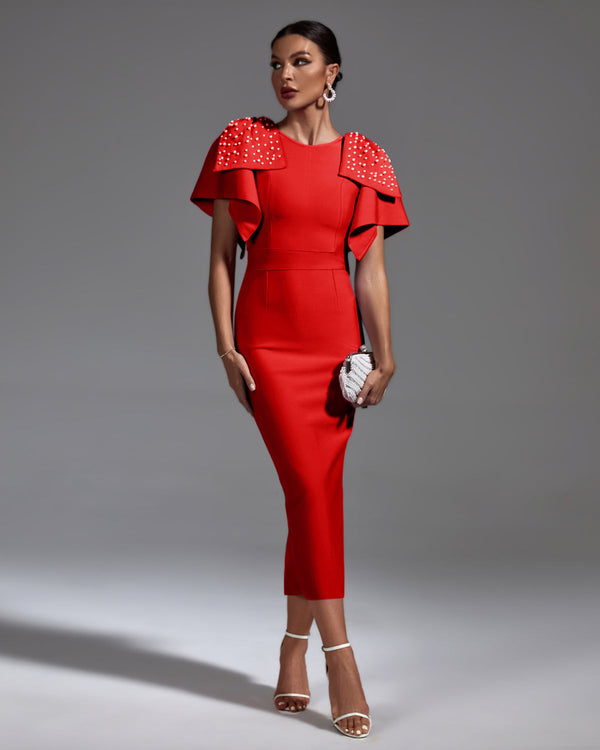 Elegant Beaded Bow Midi Bandage Dress