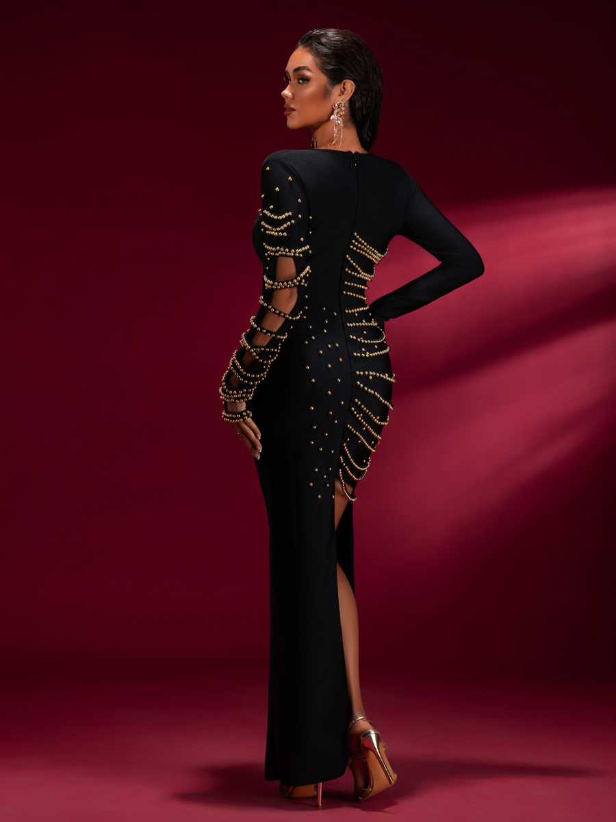 Gold Beadwork Luxury Bandage Maxi Gown - Opulent Empire