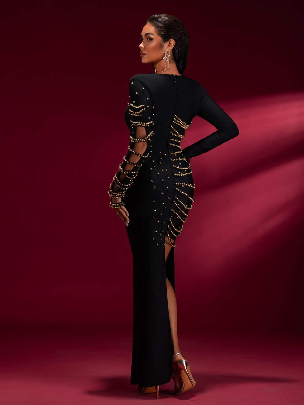 Fiorella Beaumont — Gold Beadwork Luxury Bandage Maxi Gown, alternate view 3