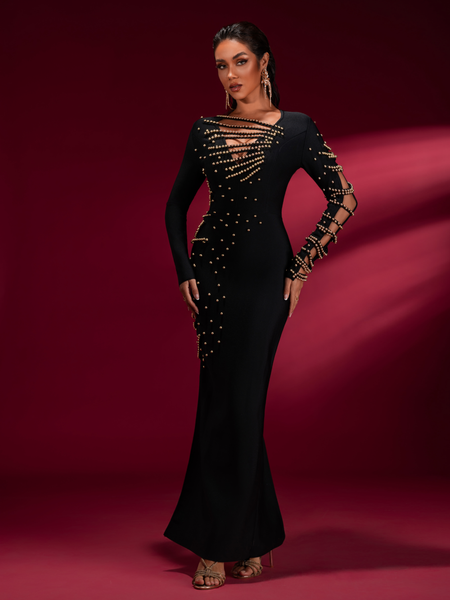 Gold Beadwork Luxury Bandage Maxi Gown - Opulent Empire