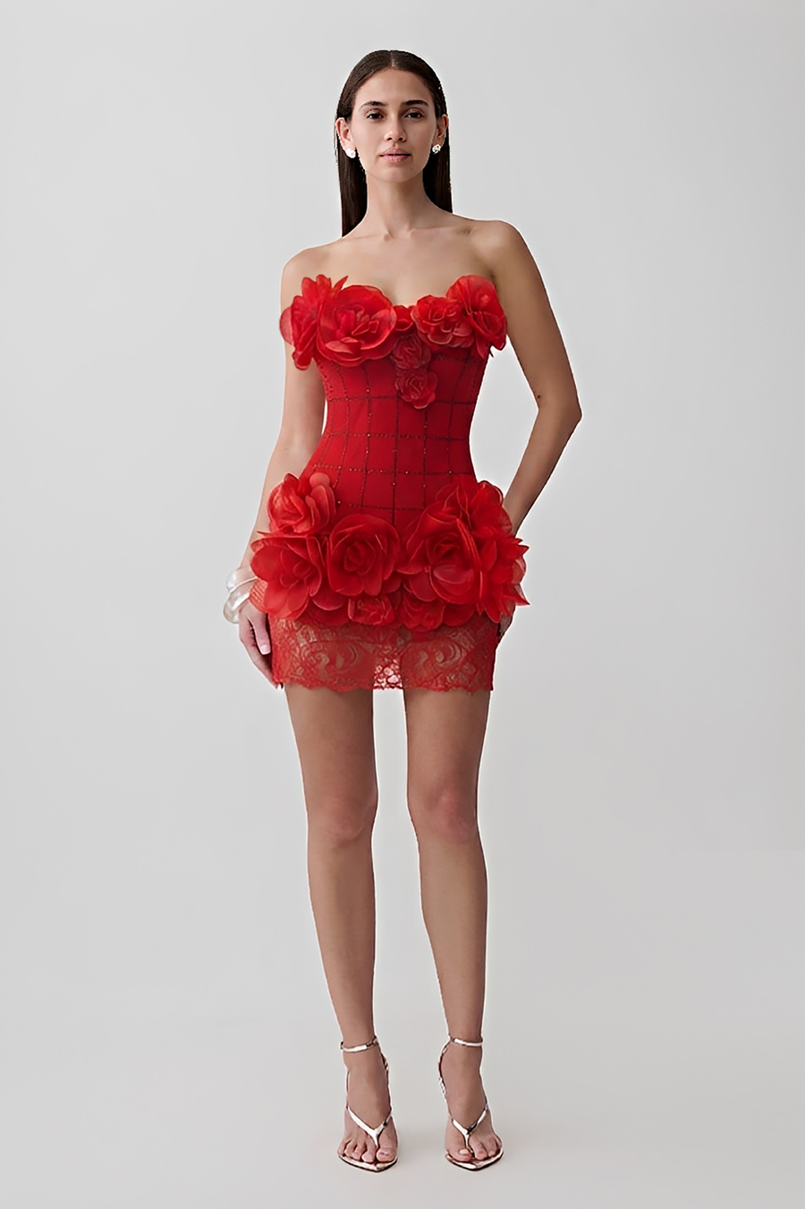 Anaïs Beaumont — Floral Grid Rhinestone Bandage Mini Dress