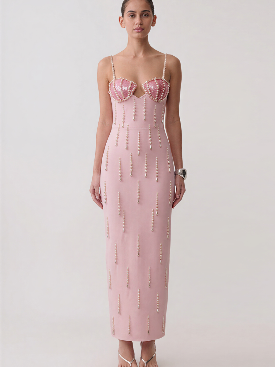 Lucienne Pearl — Spaghetti Strap Waterfall Pearl Bandage Dress